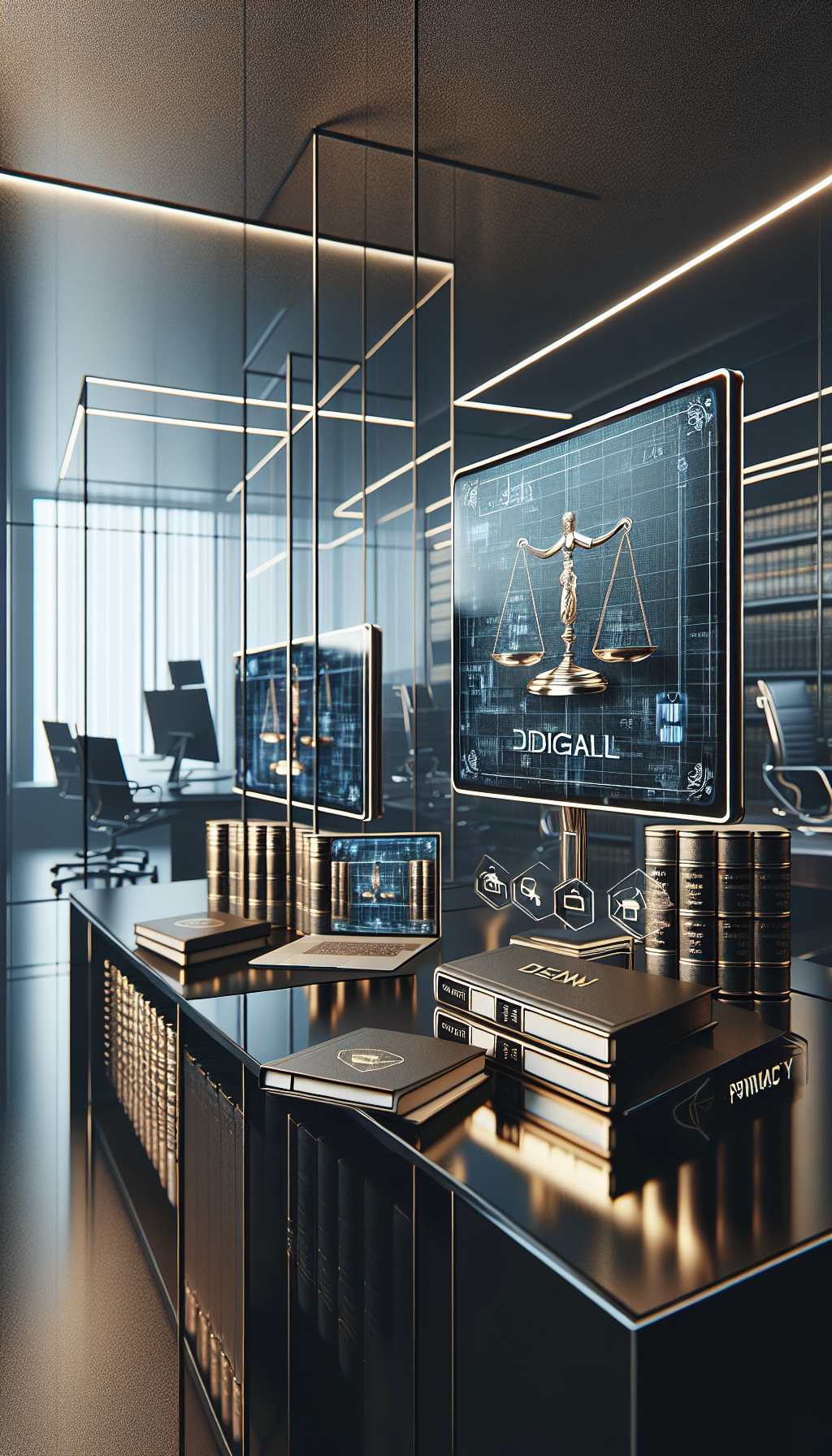 Oficina legal digital de Bplay con símbolos de privacidad y licencias en ambiente moderno