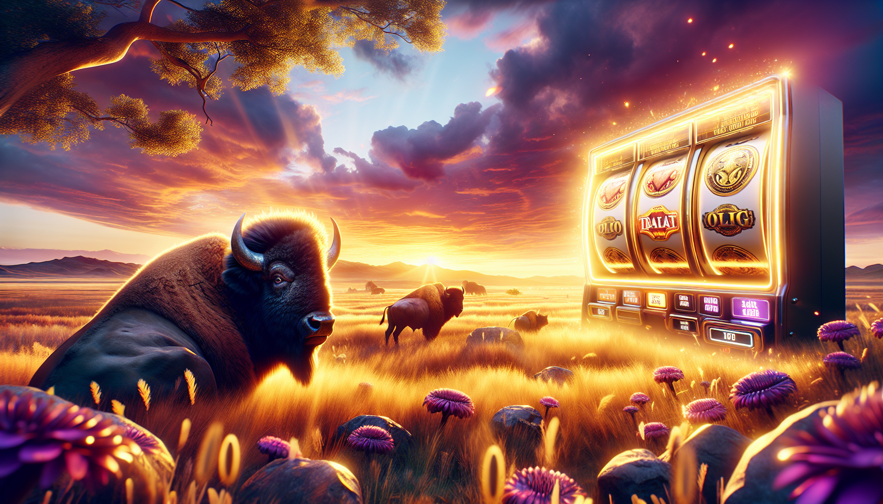 Búfalo imponente frente a rodillos de tragamonedas en la sabana al atardecer