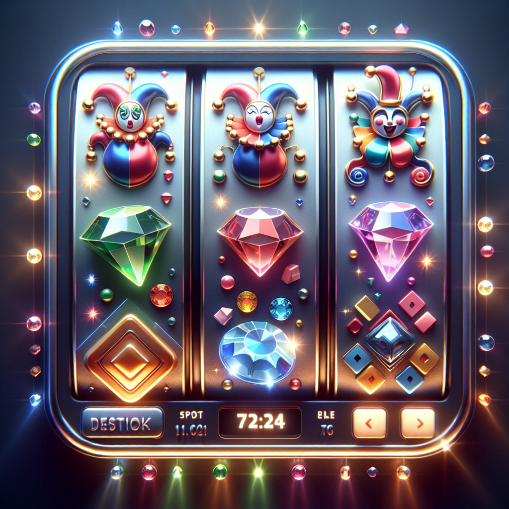 Elementos visuales del juego Joker Jewels: carretes, símbolos joker y wild, joyas brillantes.