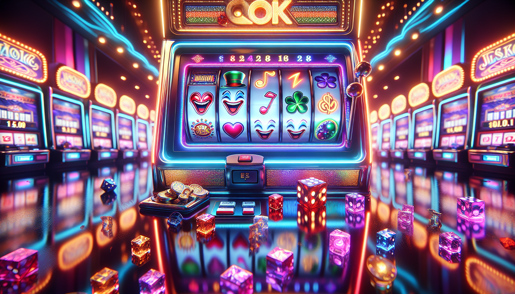 Escena del slot Joker Jewels con símbolos joker, dados y joyas en ambiente de casino.