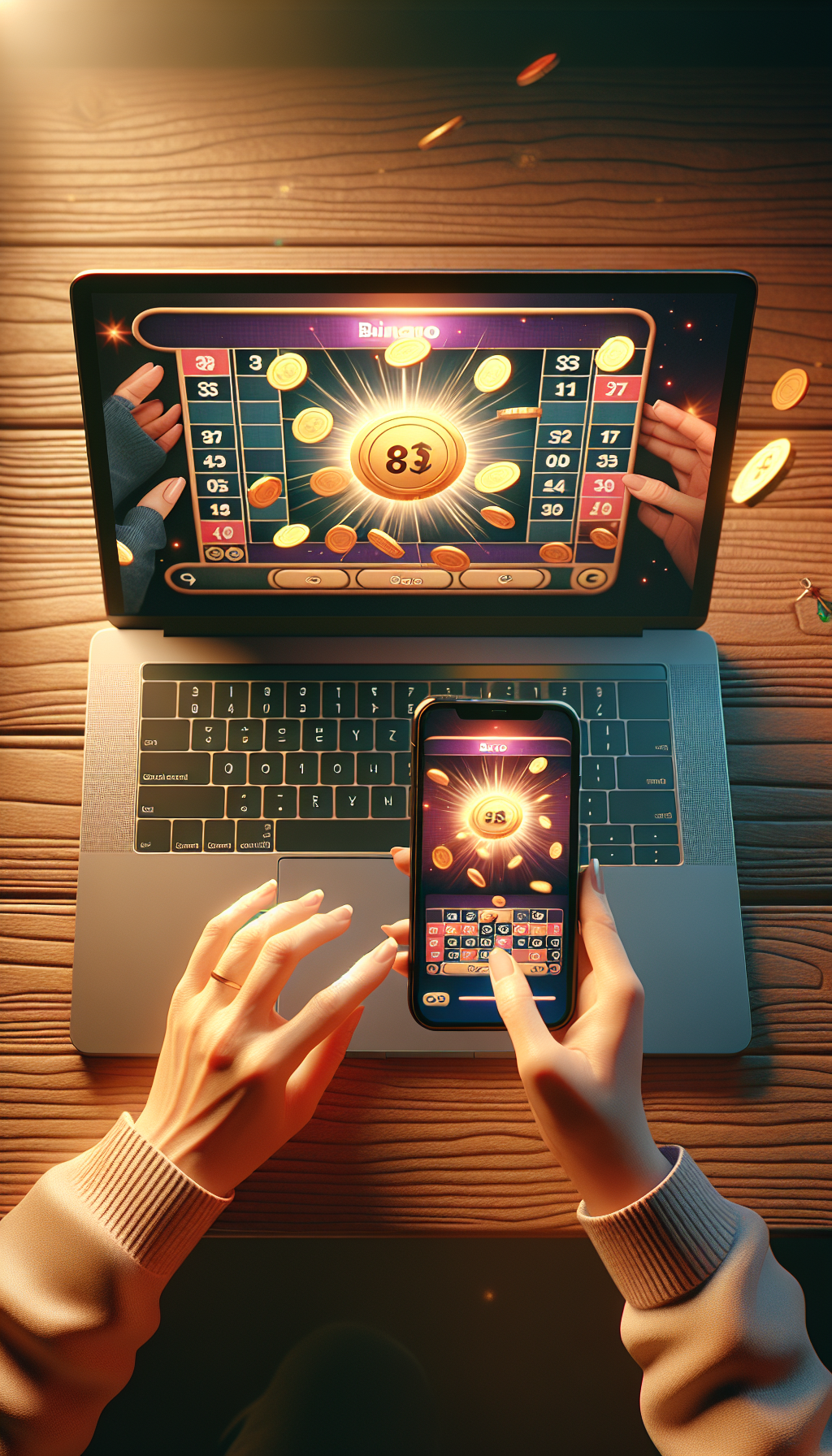 Jugador disfruta de bingo online en Bplay desde dispositivos móviles y laptop