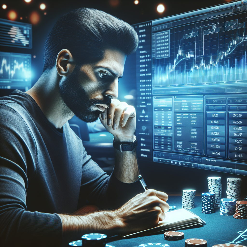 Jugador de poker estudiando estrategias en línea en Bplay Casino