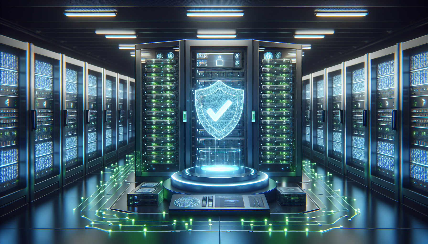 Centro de datos moderno y seguro con sistemas biométricos y servidores cifrados, representa la seguridad de datos en bplay