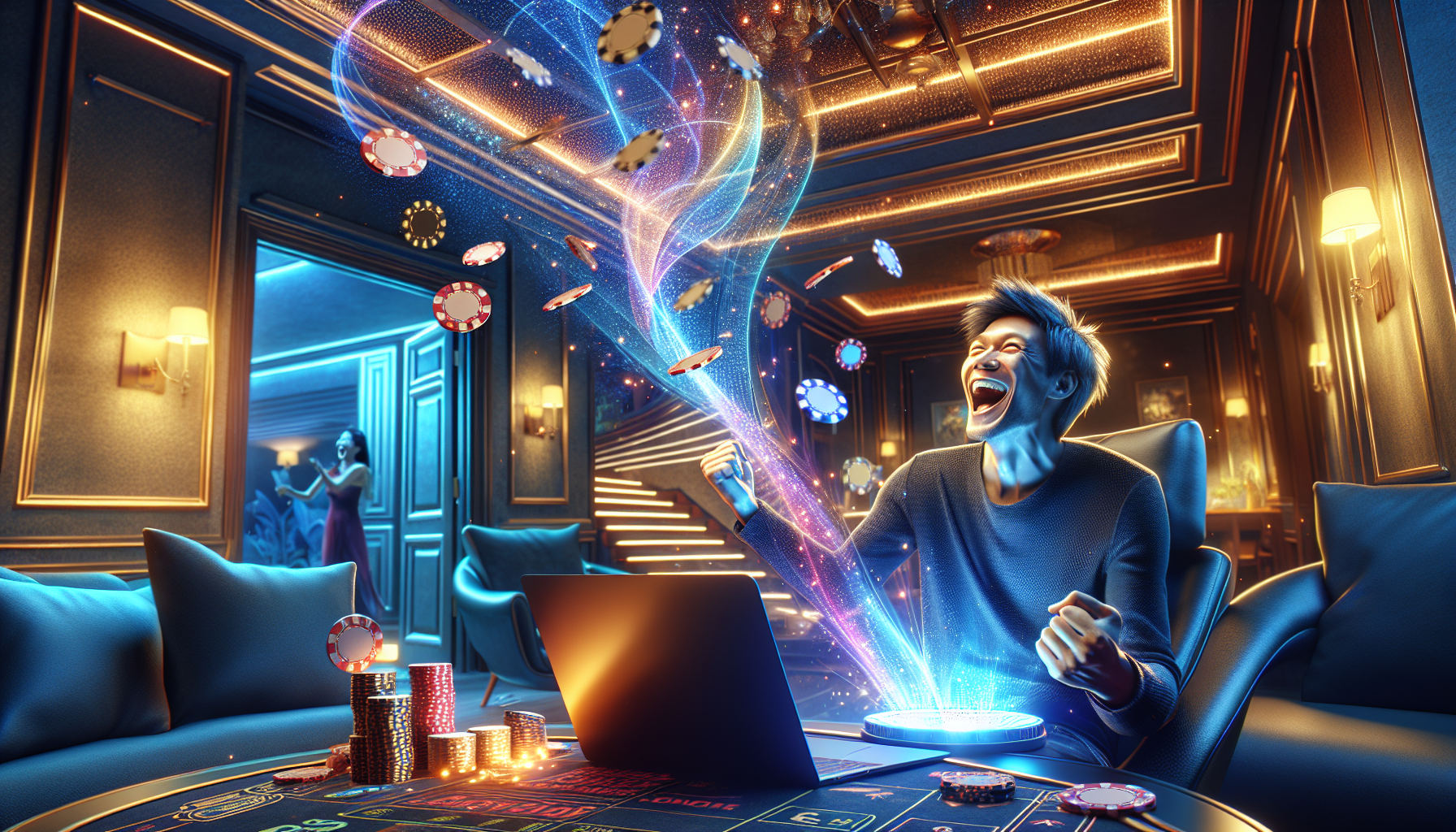 Jugador feliz usando el código promocional Bplay y recibiendo bonos exclusivos