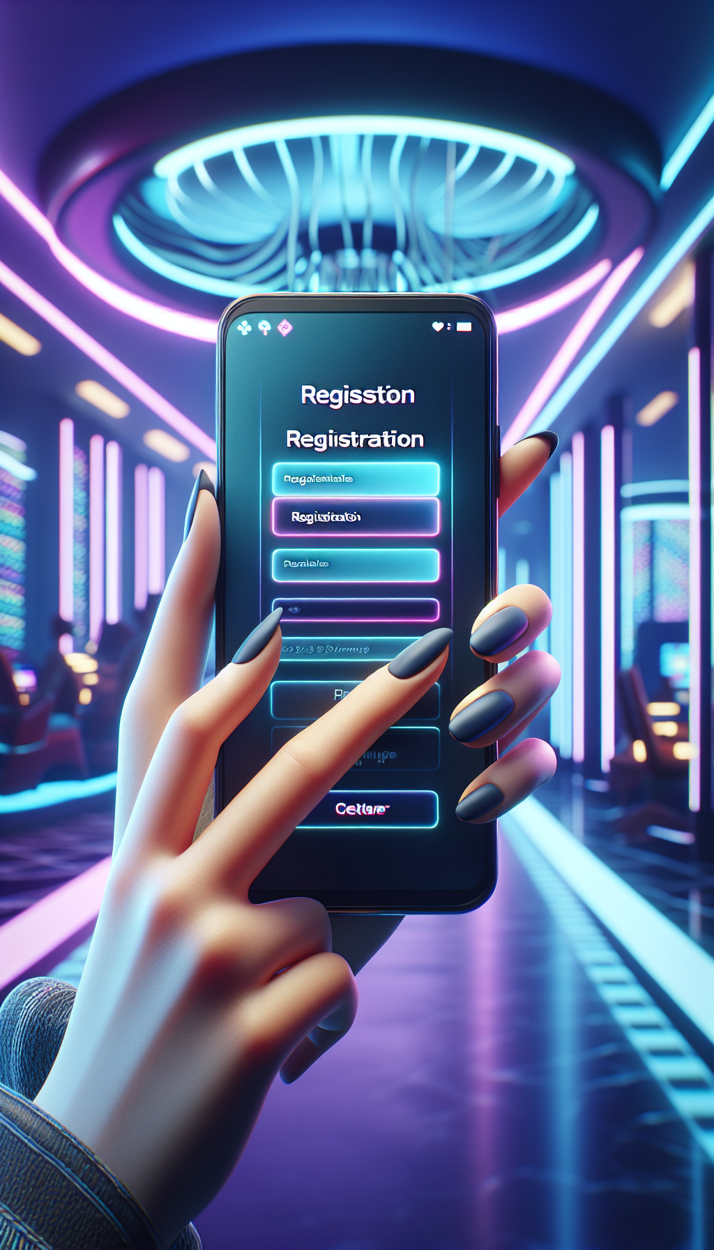 Registro rápido en la app Bplay App mostrado en un smartphone en un entorno de casino moderno.