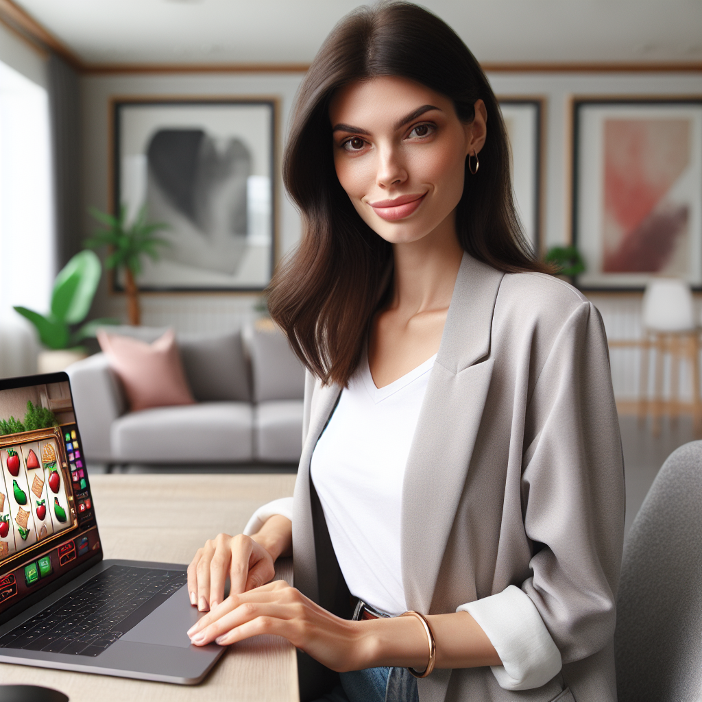 Natalia Pisoni, experta en slots, analizando Sweet Bonanza en computadora portátil