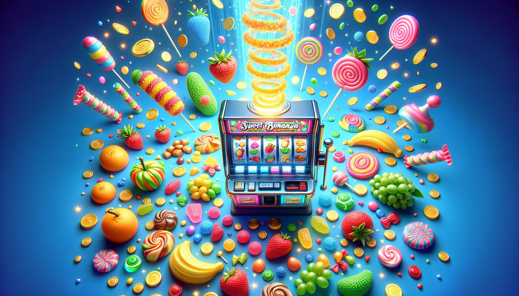 Máquina tragamonedas Sweet Bonanza rodeada de caramelos y frutas en explosión de color